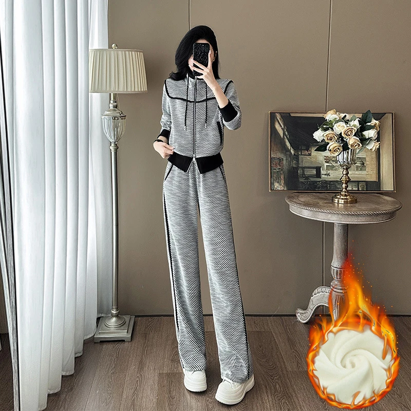 欧货高级感休闲套装女秋冬季时髦加绒灰色卫衣阔腿裤两件套潮