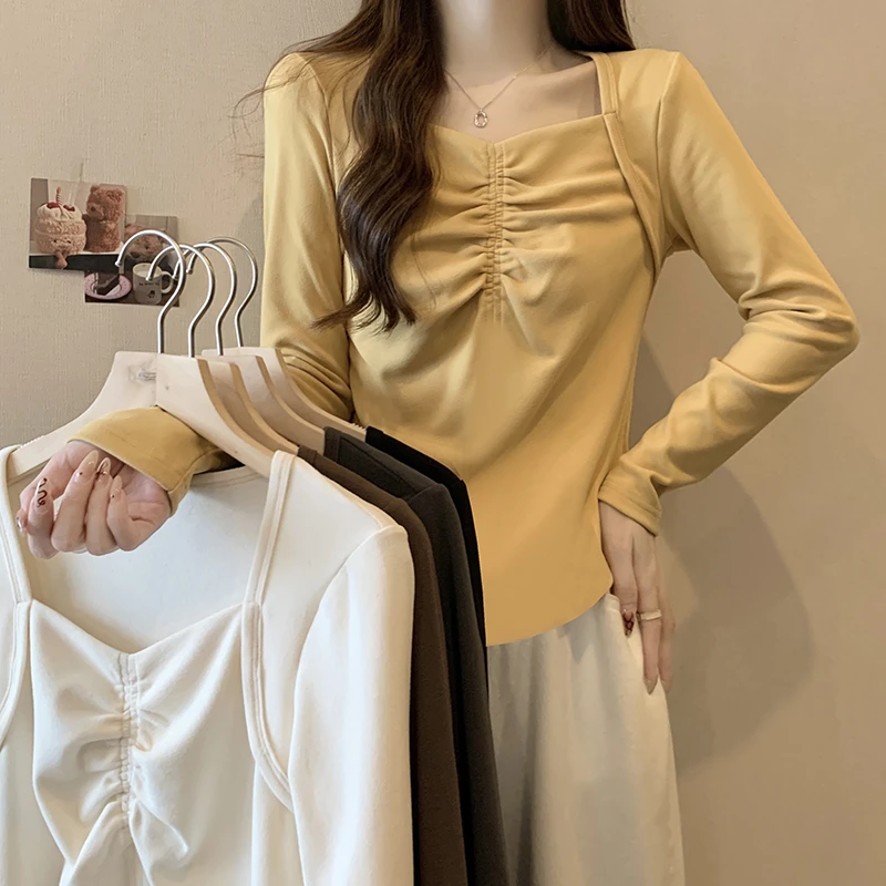 2023秋冬新款胖mm百搭辣妹潮褶皱加厚保暖正肩长袖打底衫T恤