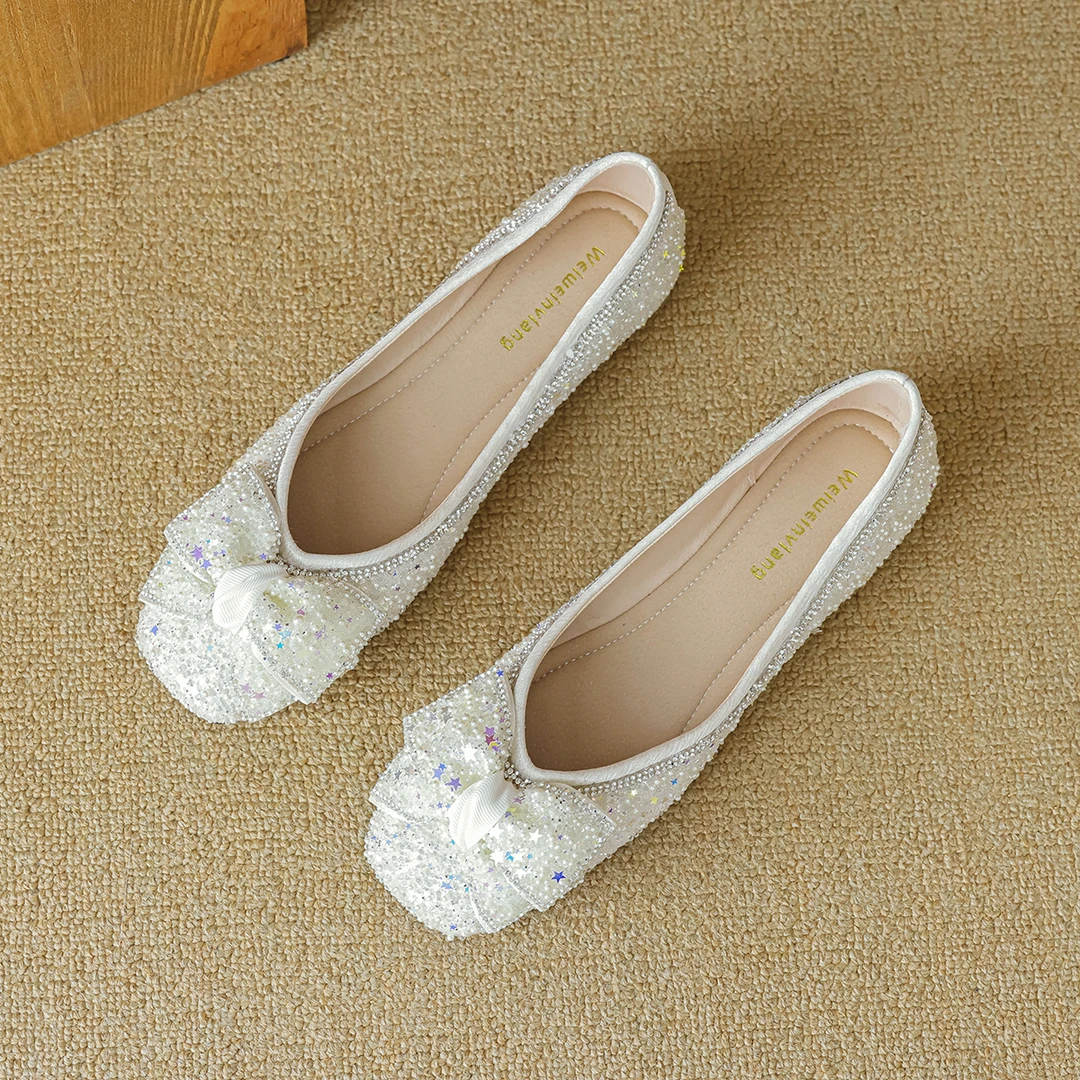 尖头水钻单鞋女2024新款夏蝴蝶结晚晚风方头一脚蹬仙女平底大码鞋