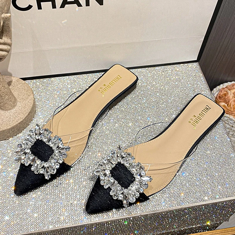 水钻方扣透明尖头平底拖鞋女夏外穿气质包头凉拖鞋大码女鞋41-43