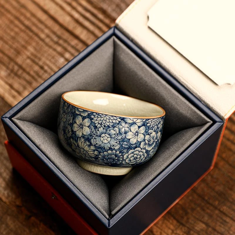 汝窑青花茶杯家用陶瓷单杯开片个人专用品茗杯办公精致茶盏主人杯