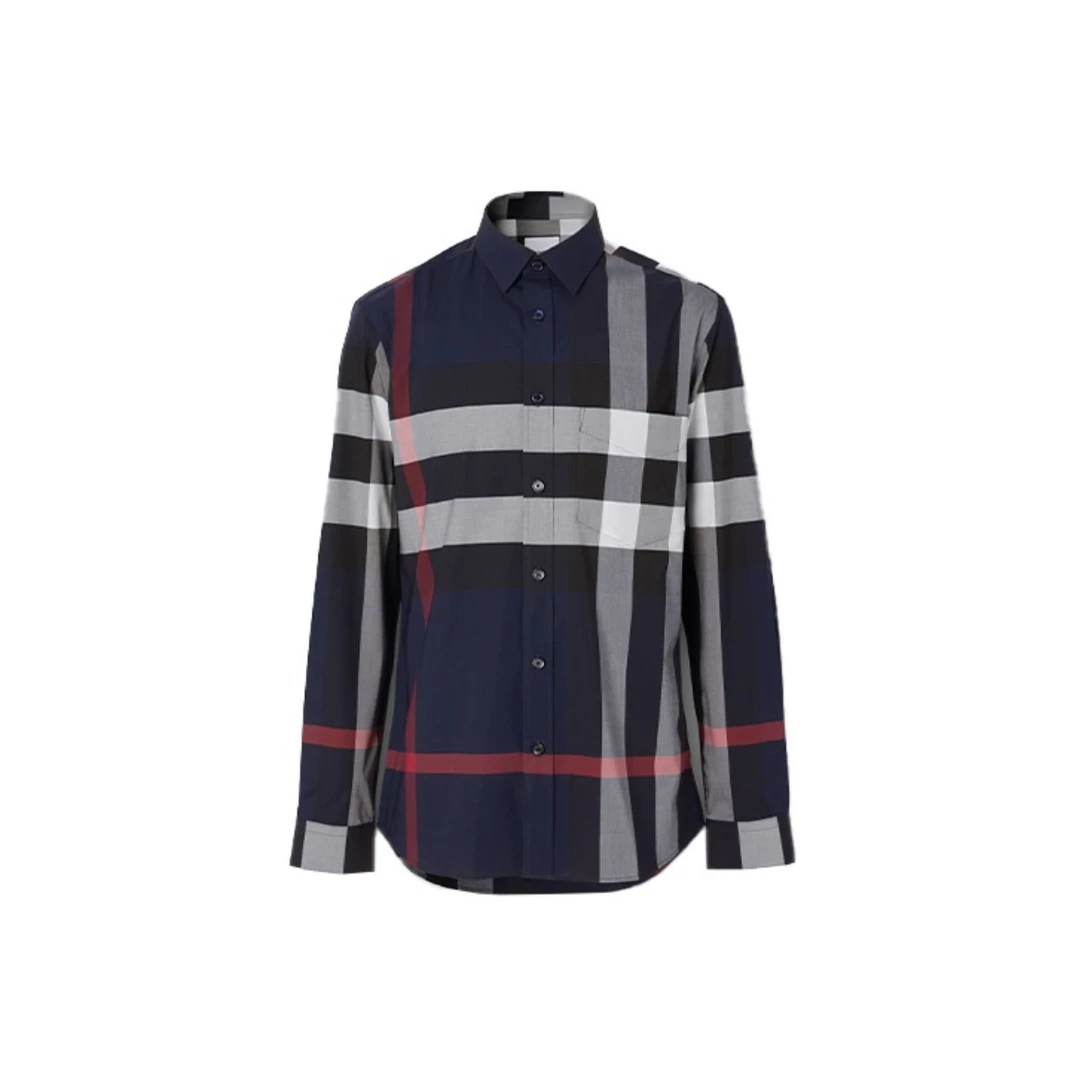 全新未使用 BURBERRY/博柏利 巴宝莉 经典深蓝拼色大格纹长袖衬衫