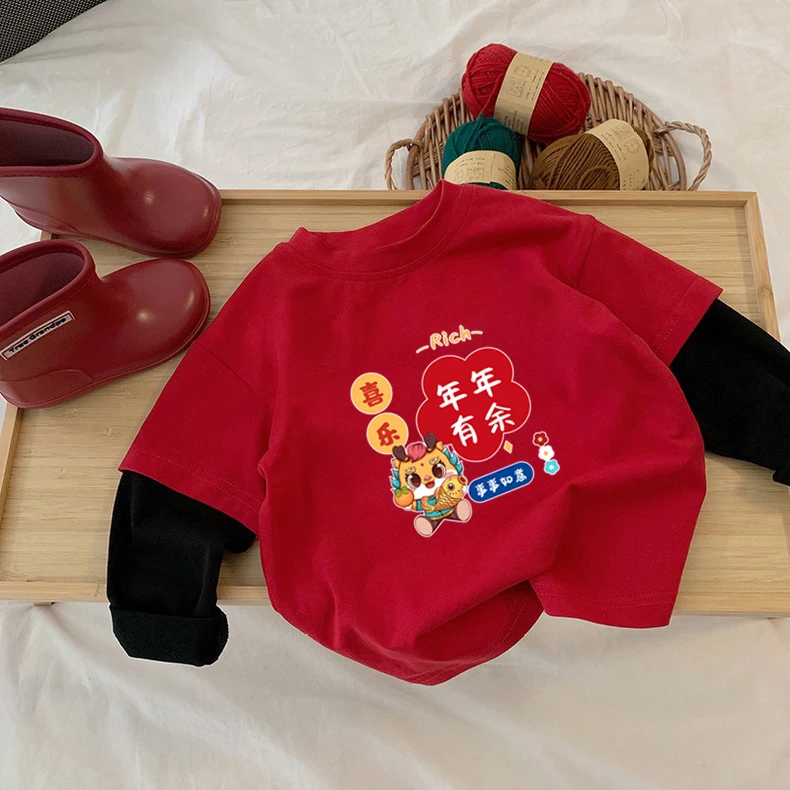 儿童新年宝宝拜年服纯棉新款长袖T恤男女童洋气红色喜庆上衣外穿