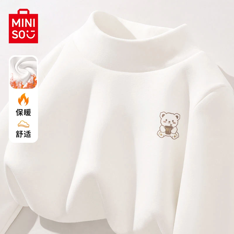 MINISO名创优品半高领打底衫女秋冬百搭休闲女装双面加绒小熊t恤V
