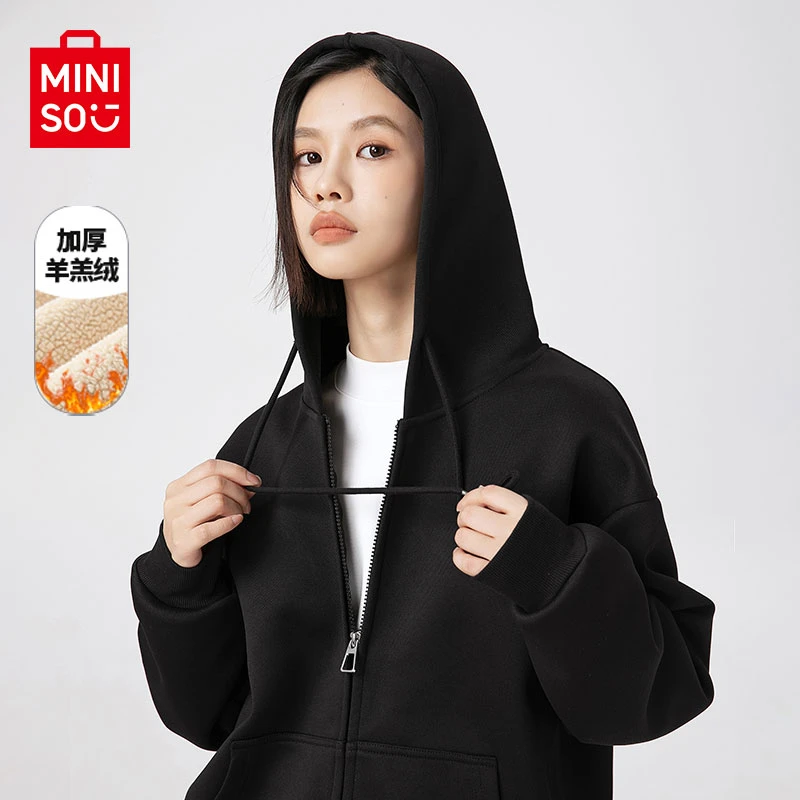 MINISO名创优品加绒卫衣男秋冬带帽美式上衣服羊羔绒加厚开衫外套