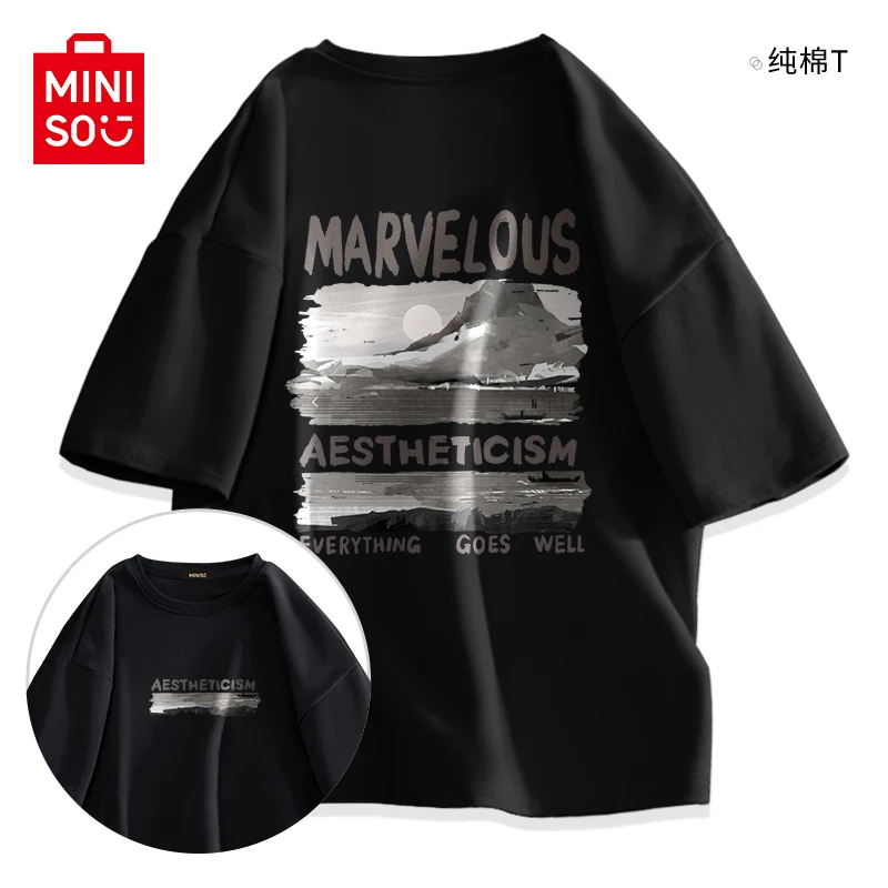 MINISO/名创优品美式痞帅黑色短袖t恤男潮流男士夏季纯棉男款体恤