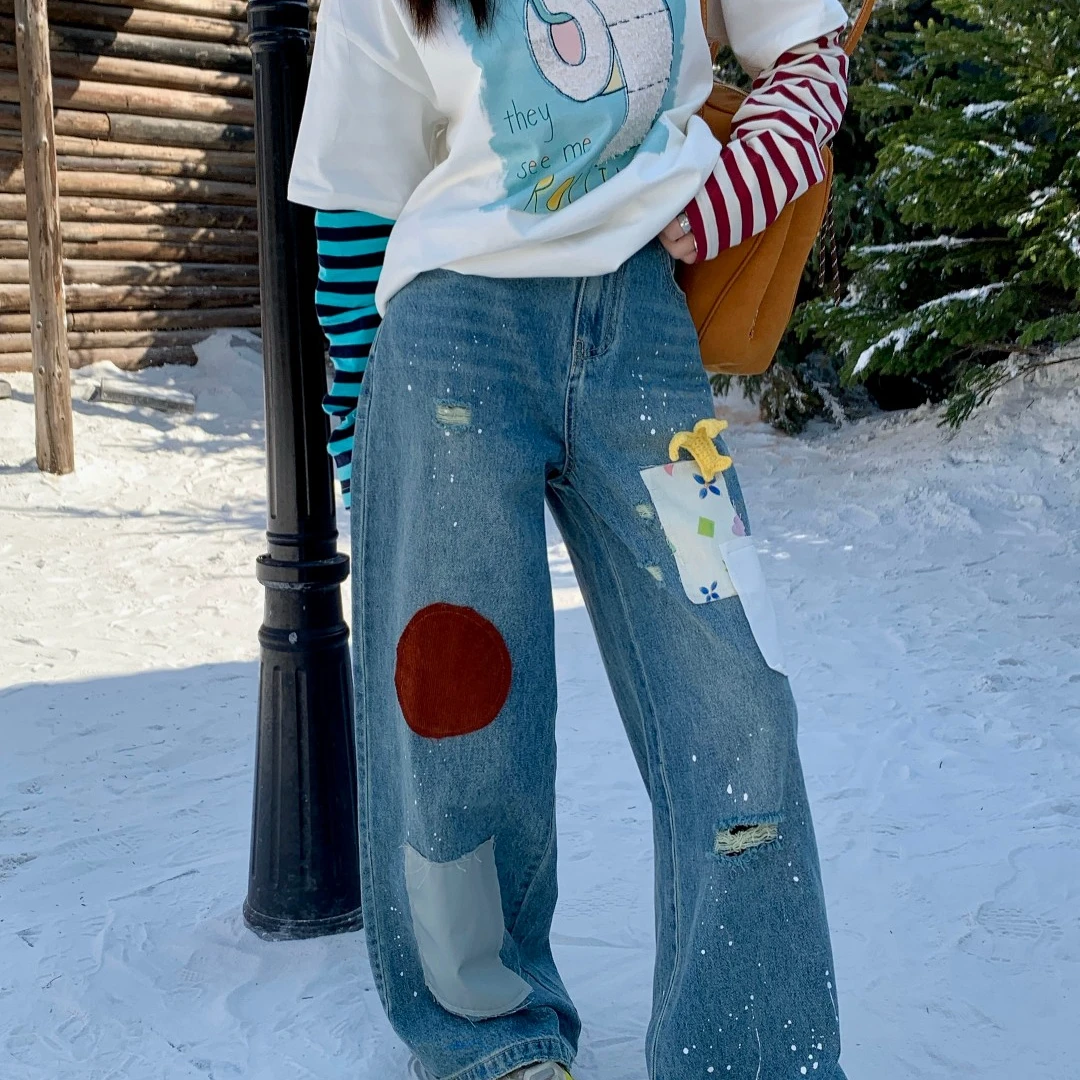 设计师品牌YANGHAIYANG 24AW新款泼墨贴布牛仔长裤