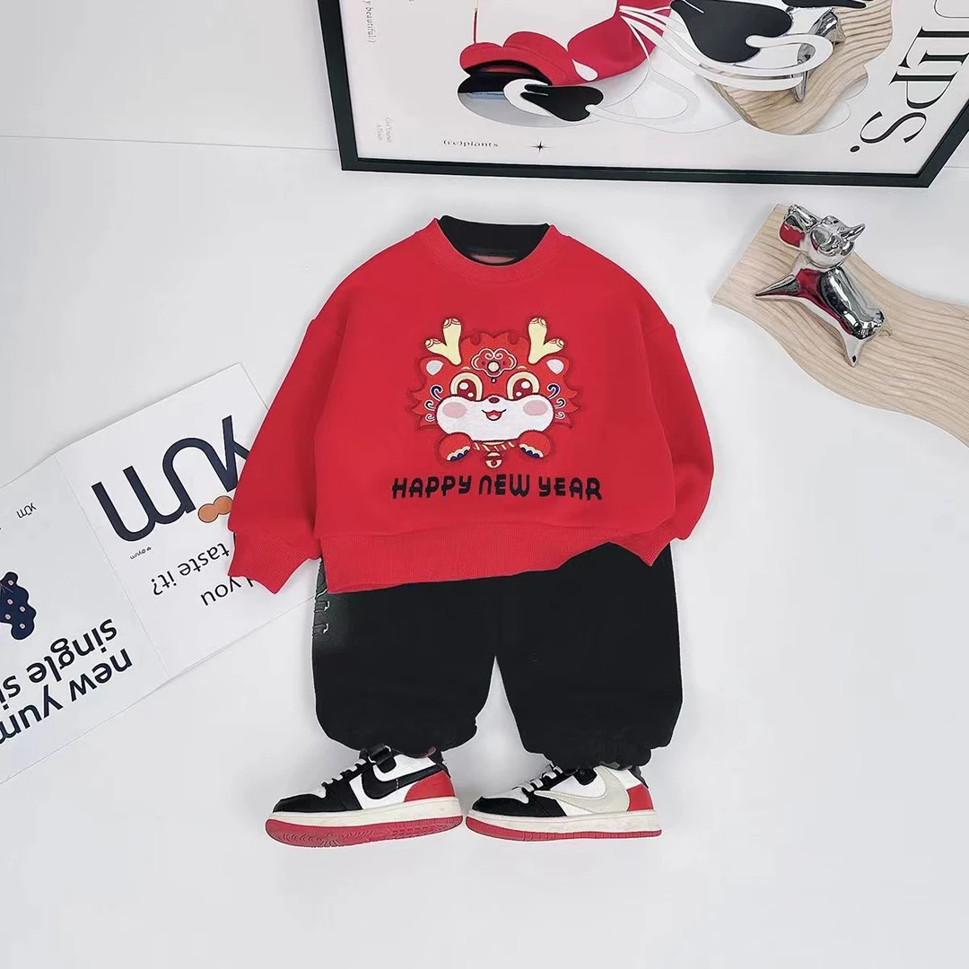 新款儿童加绒卫衣中大童秋冬款男女宝红色拜年双领长袖印花男童