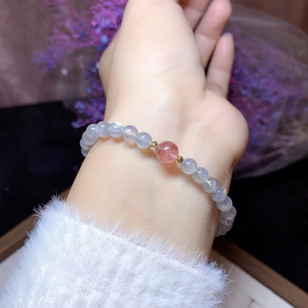 【时空】卡5单圈天然灰月光石搭配草莓晶配件