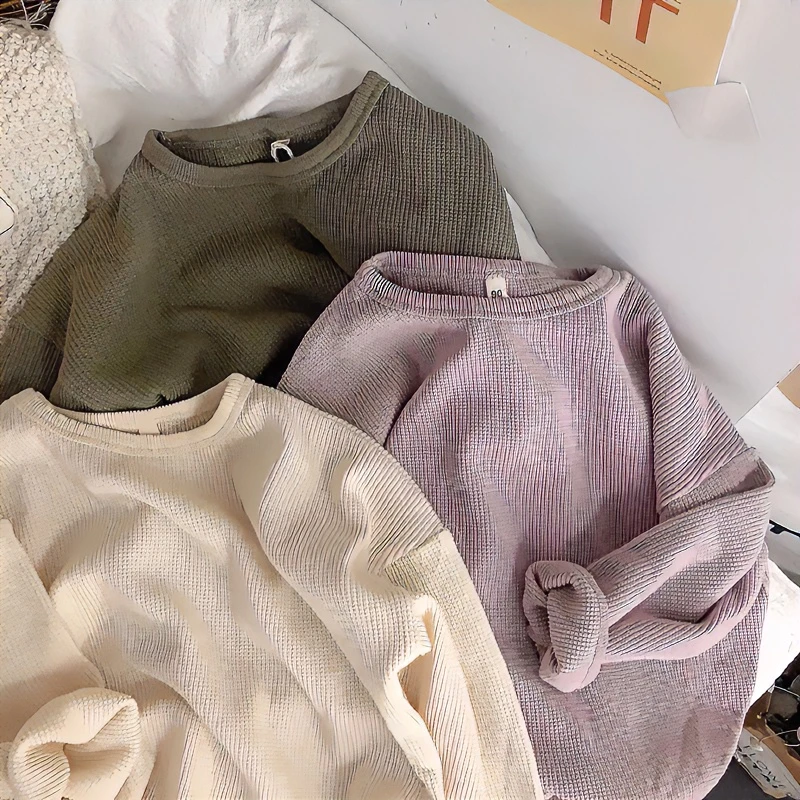 儿童秋装华夫格打底衫简约百搭春季纯色长袖T恤 男女宝宝韩风上衣