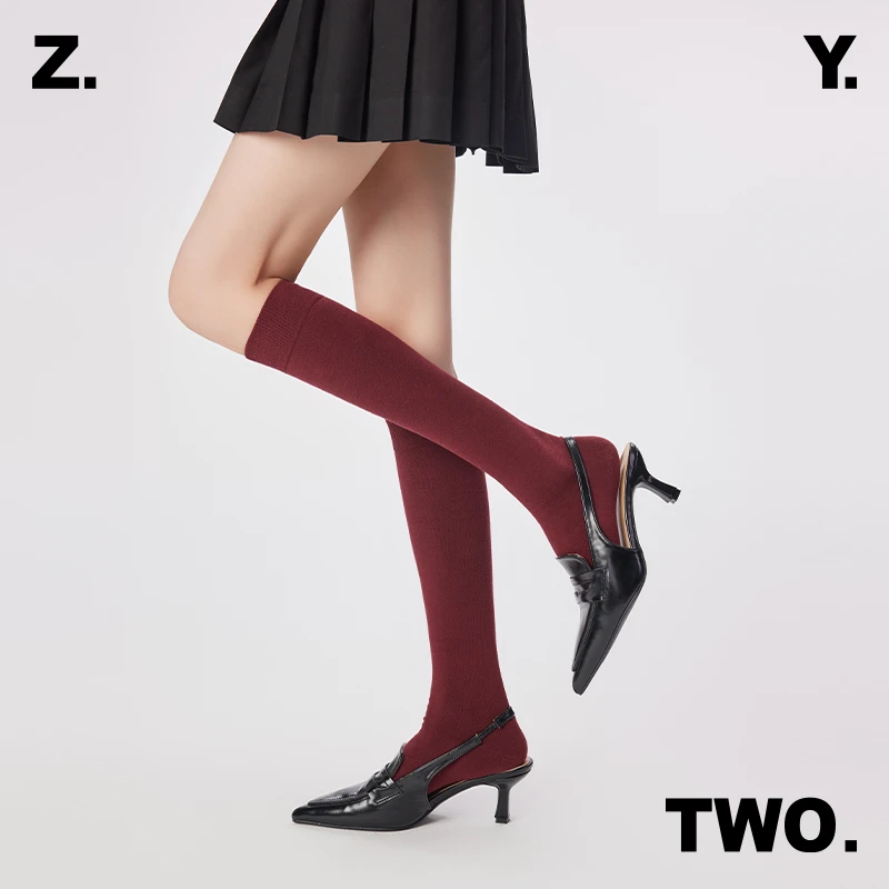 秋冬安可拉红小腿袜棉质秋冬韩系复古高级堆堆女袜纯色抽条及膝袜