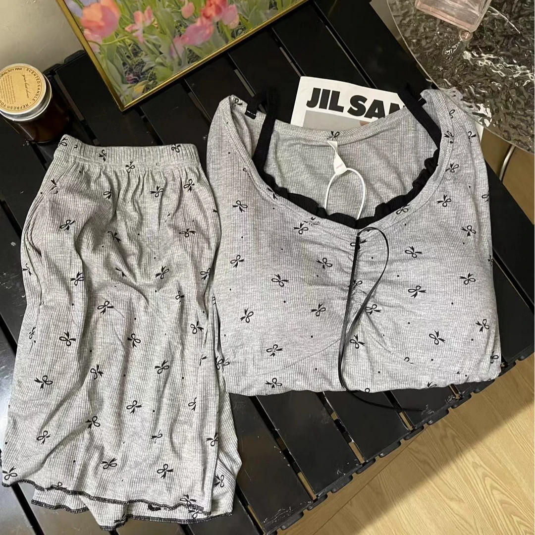 睡衣女夏季假两件吊带加胸垫莫代可爱短袖短裤可外穿家居服套装