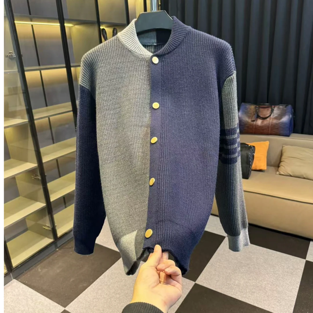 男女同款秋冬时尚休闲潮流修身针织开衫拼色经典条纹外套设计师