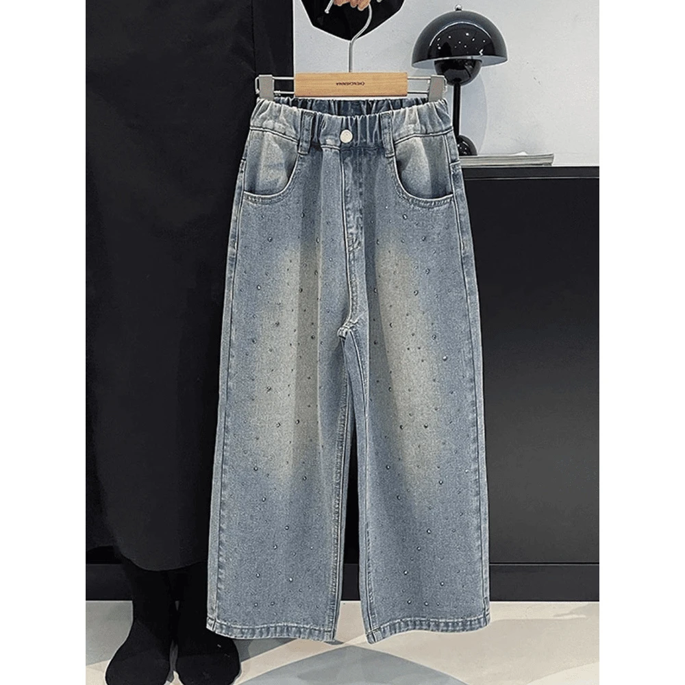 女童牛仔裤夏季2025新款儿童宽松裤子韩版薄款女孩烫钻阔腿裤洋气