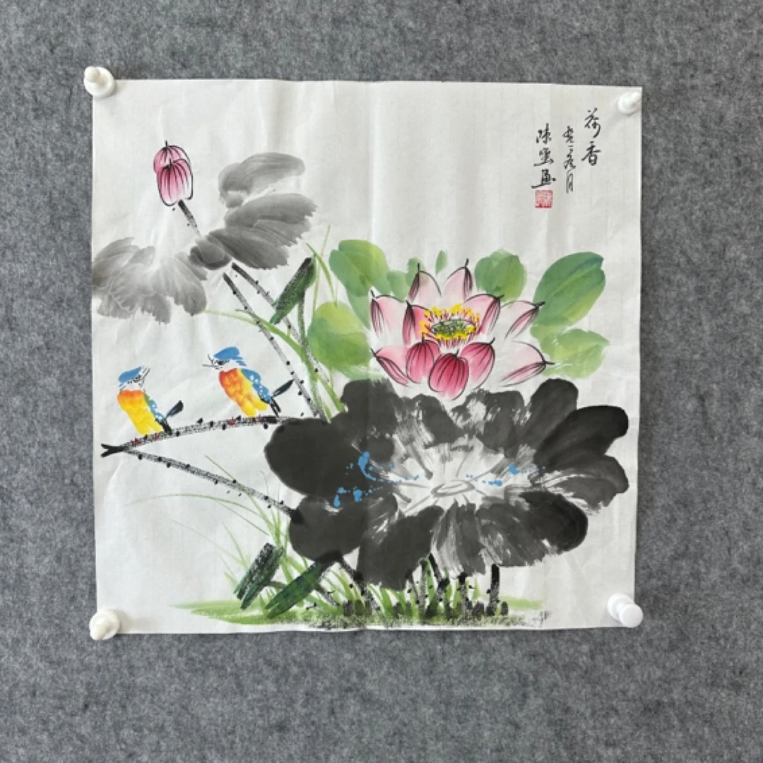 国画 中国一级美术师陈蜜手绘荷花【荷香】画心 55*55中国画