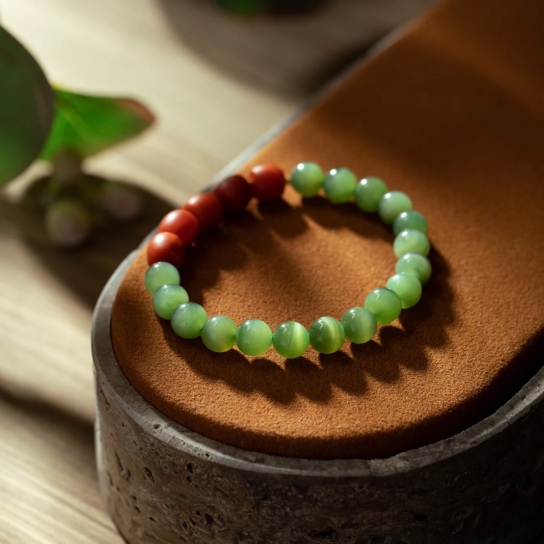 由子野【绿肥红瘦】8mm猫眼碧玉手串 南红 18K金