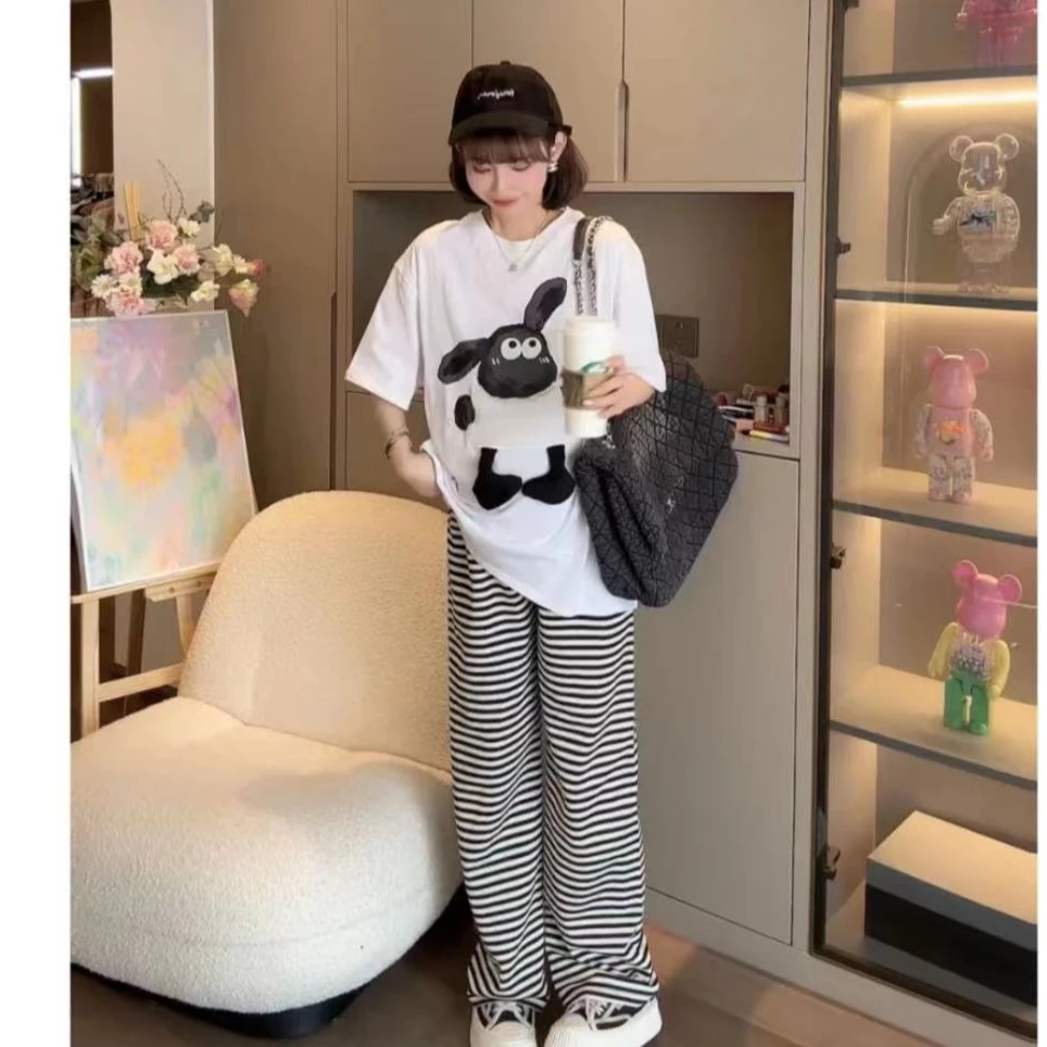 夏装新款哺乳上衣T恤+条纹阔腿裤宽松显瘦哺乳两件套装