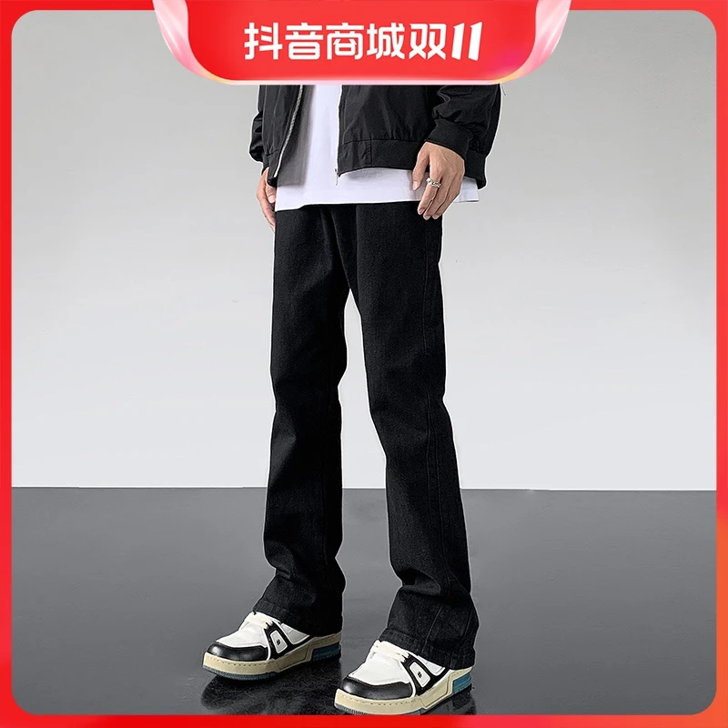 cleanfit裤子潮牌高街黑色修身牛仔裤男款直筒小脚美式vibe微喇裤