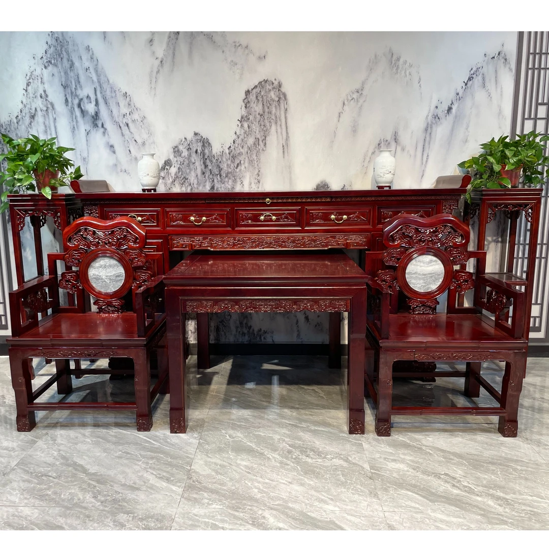 抽屉储物脚中堂条案仿古雕花非洲红檀实木古典中堂六件套