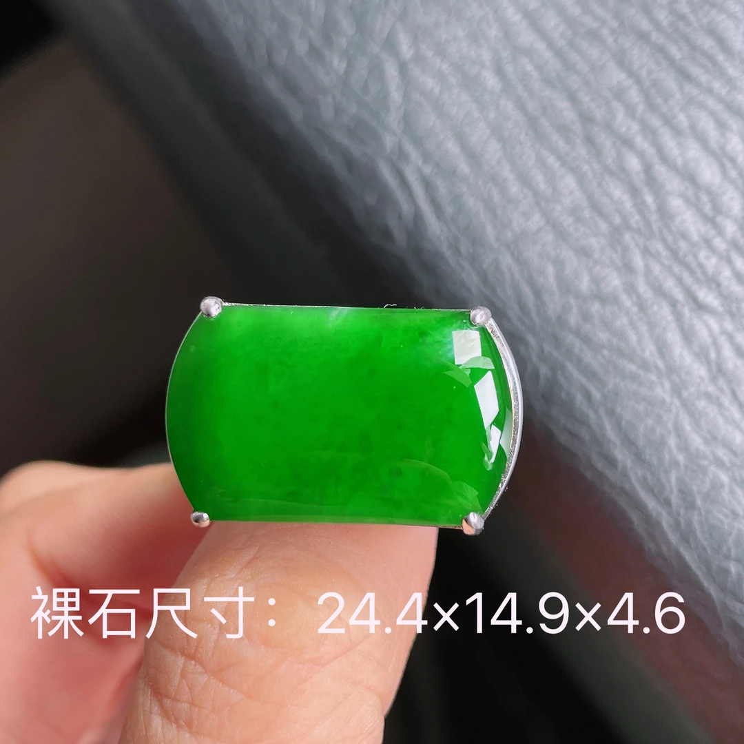天然a货翡翠银镶嵌厚装阳绿翡翠大马鞍男戒指简镶经典百搭款活口