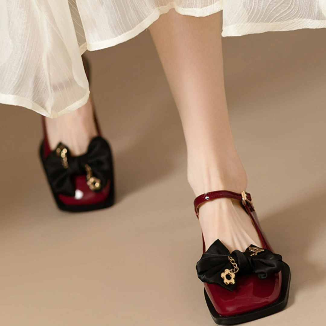 真皮方头复古风蝴蝶结玛丽珍鞋女2025新款百搭一字带粗跟气质单鞋