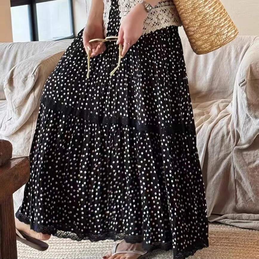 风华珏早春高腰法式显瘦半身裙气质时尚韩版花边A字波点裙