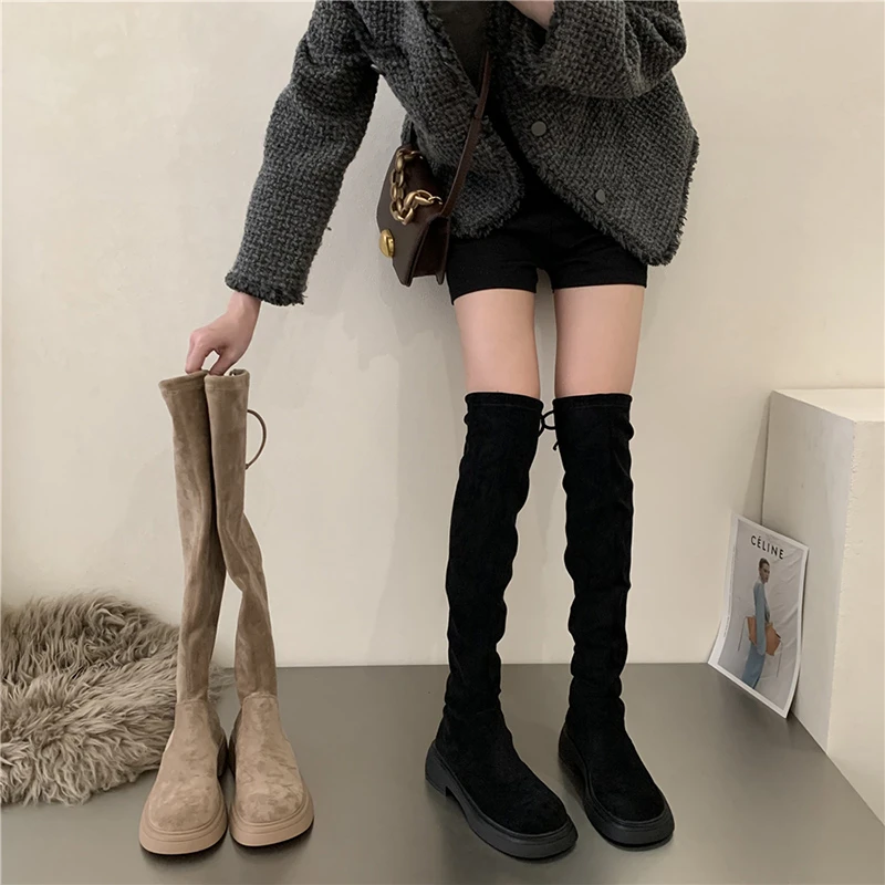 红蜻蜓牌过膝长靴平底长筒靴女2023新款弹力瘦瘦欧货爆款堆堆靴高