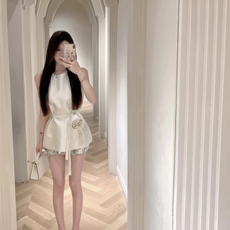 精致立体玫瑰花腰带显瘦名媛背心上衣性感亮片裙裤两件套装女气质