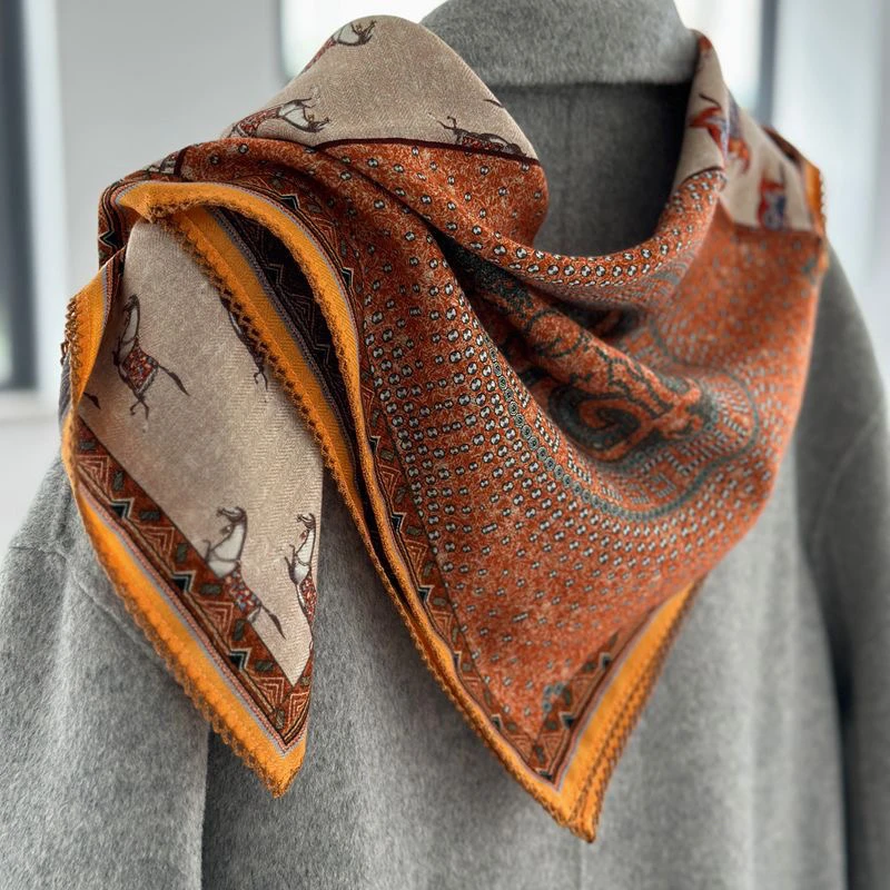 【法国小图腾】双面真丝羊毛围巾小马印花丝绸桑蚕丝方巾秋冬披肩