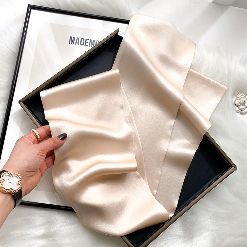 【纯色】米色真丝丝巾女百搭桑蚕丝春秋款小长条搭配衬衫夏季薄款