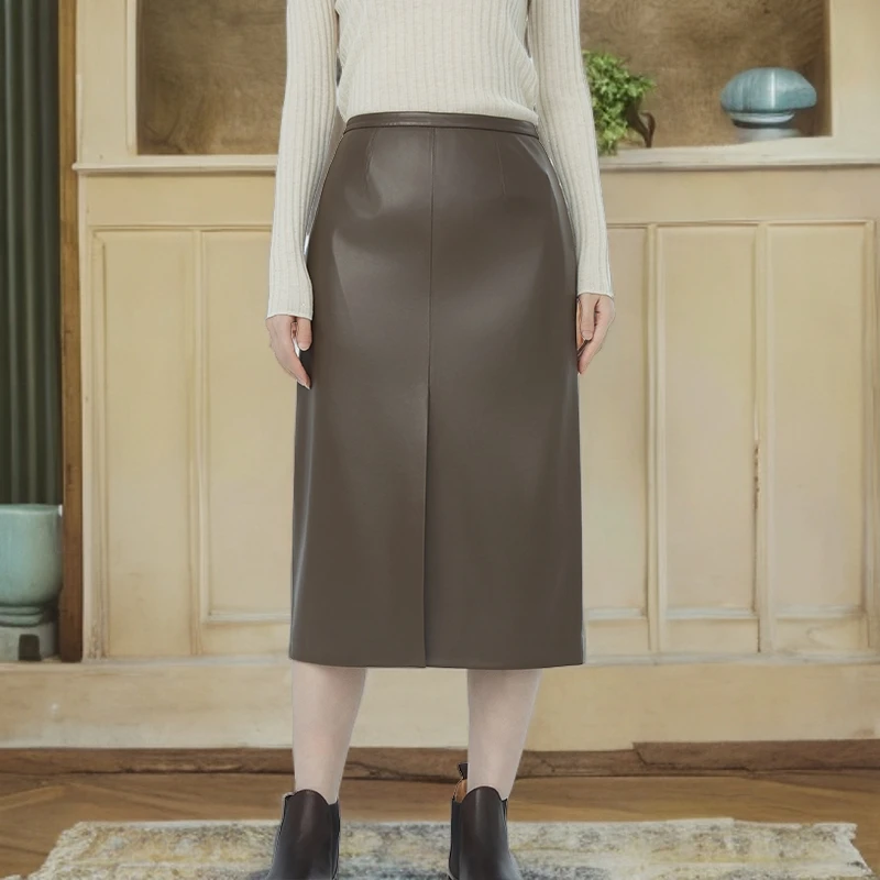DEZOEE/迪索怡【盐烤咖啡】开叉皮裙 秋冬中长款百搭气质显瘦半身裙