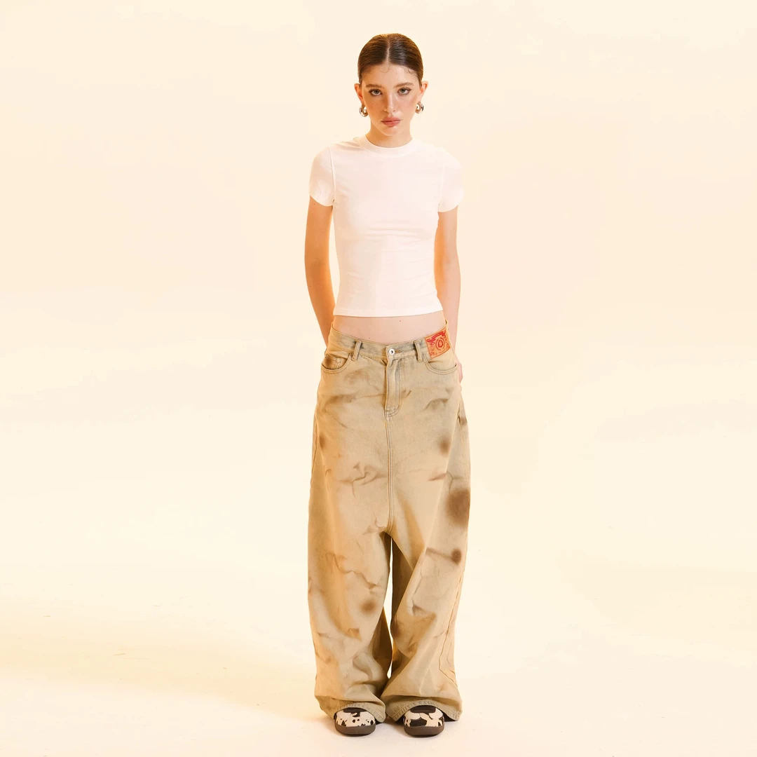 Cozydoll慵懒美式复古脏染洗水Dirtyfit低档宽松拖地牛仔裤