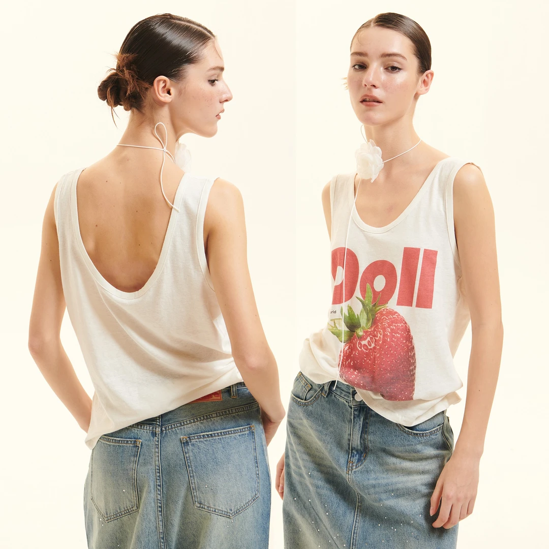 Cozydoll 棉麻U型露背舒适草莓立体印花正肩上衣慵懒辣妹吊带背心