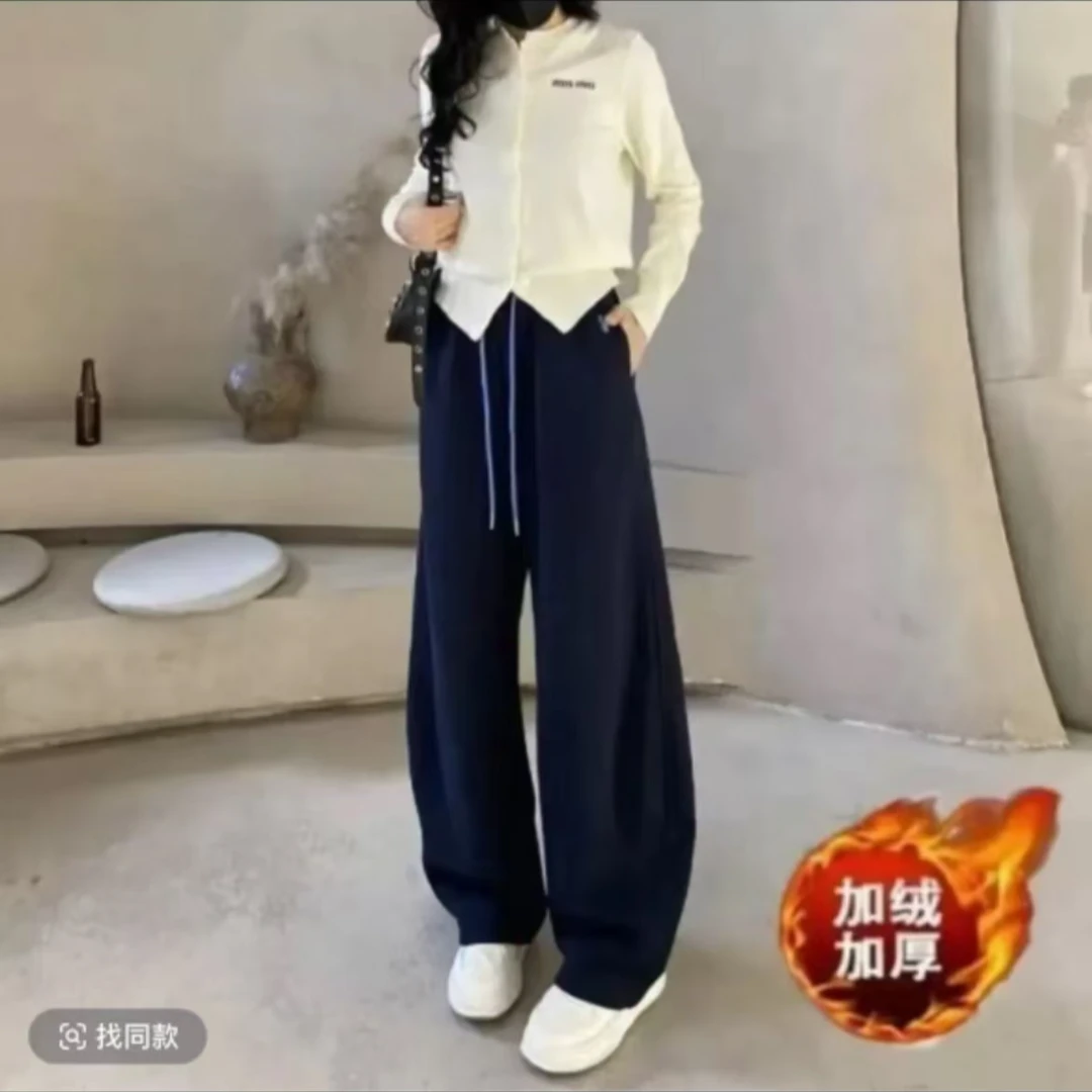 秋冬加绒加厚阔腿裤显瘦休闲百搭高腰宽松长裤抽绳刺绣马运动裤