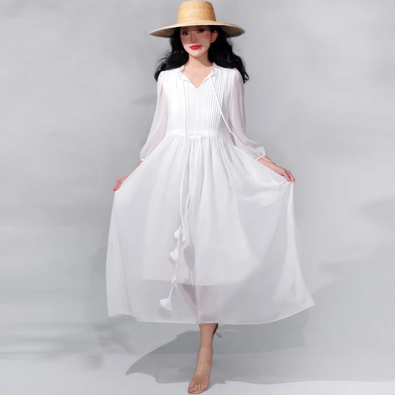 白色中袖宽松连衣裙显瘦气质夏季女装抽绳收腰连衣裙超仙度假长裙