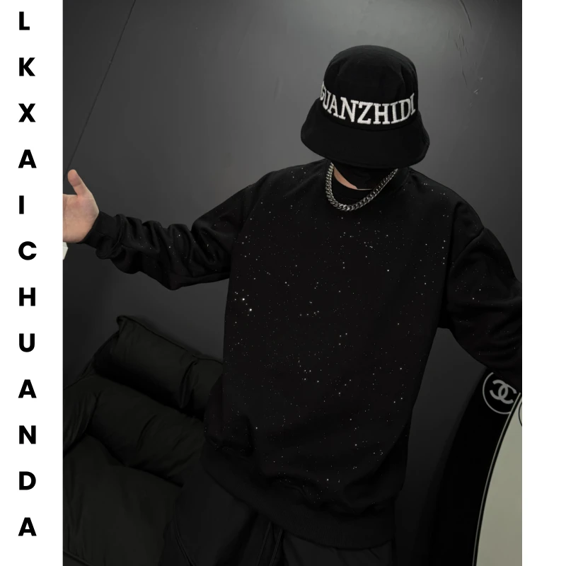 秋季高端满天星重磅卫衣满天星情侣款连帽黑色百搭圆领宽松卫衣