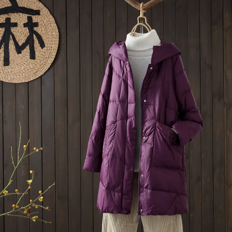 冬季新款复古绣花白鸭绒连帽羽绒服女宽松中长款保暖外套妈妈装