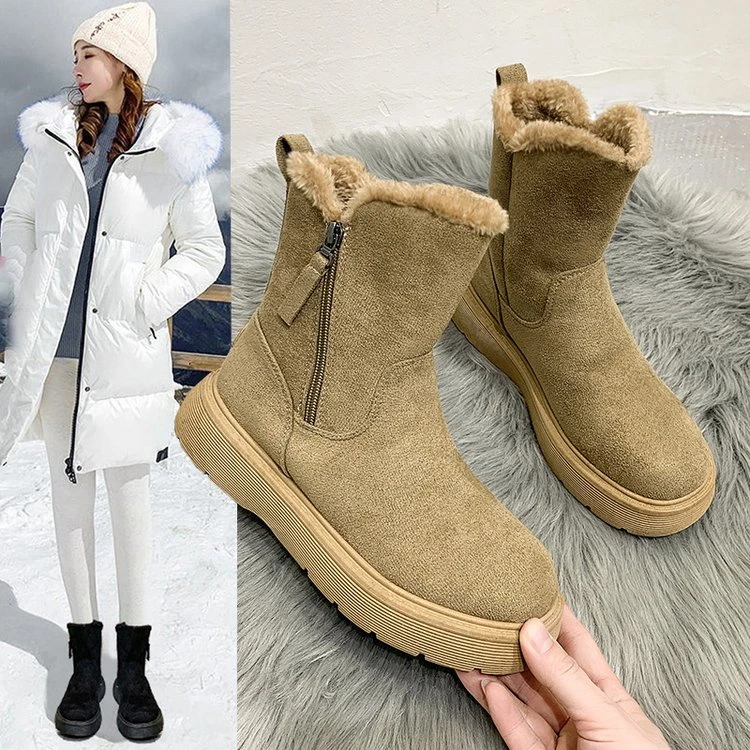 断码意尓康季加绒加厚短靴2023年新款洋气皮毛一体防滑保暖棉鞋子