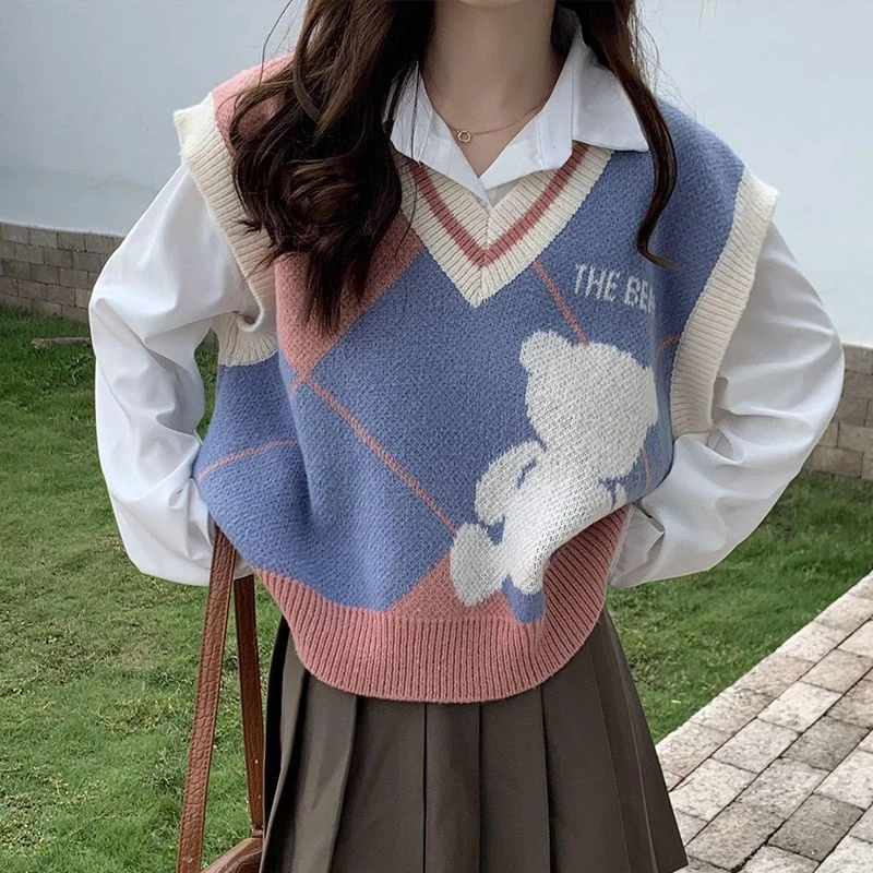 单件套装V领小熊针织马甲秋冬新款小清新潮流外搭马夹背心上衣女