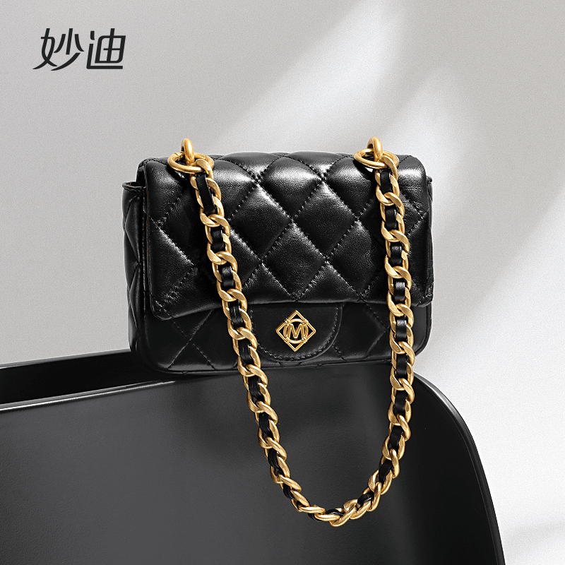 mood/妙迪 /高级质感小香风羊皮菱格链条包腋下包真皮斜挎包80122