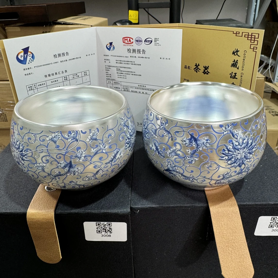 【闪购商品】 周鸿杰收藏级青花缠枝莲禅定鎏银高端银杯3008x2
