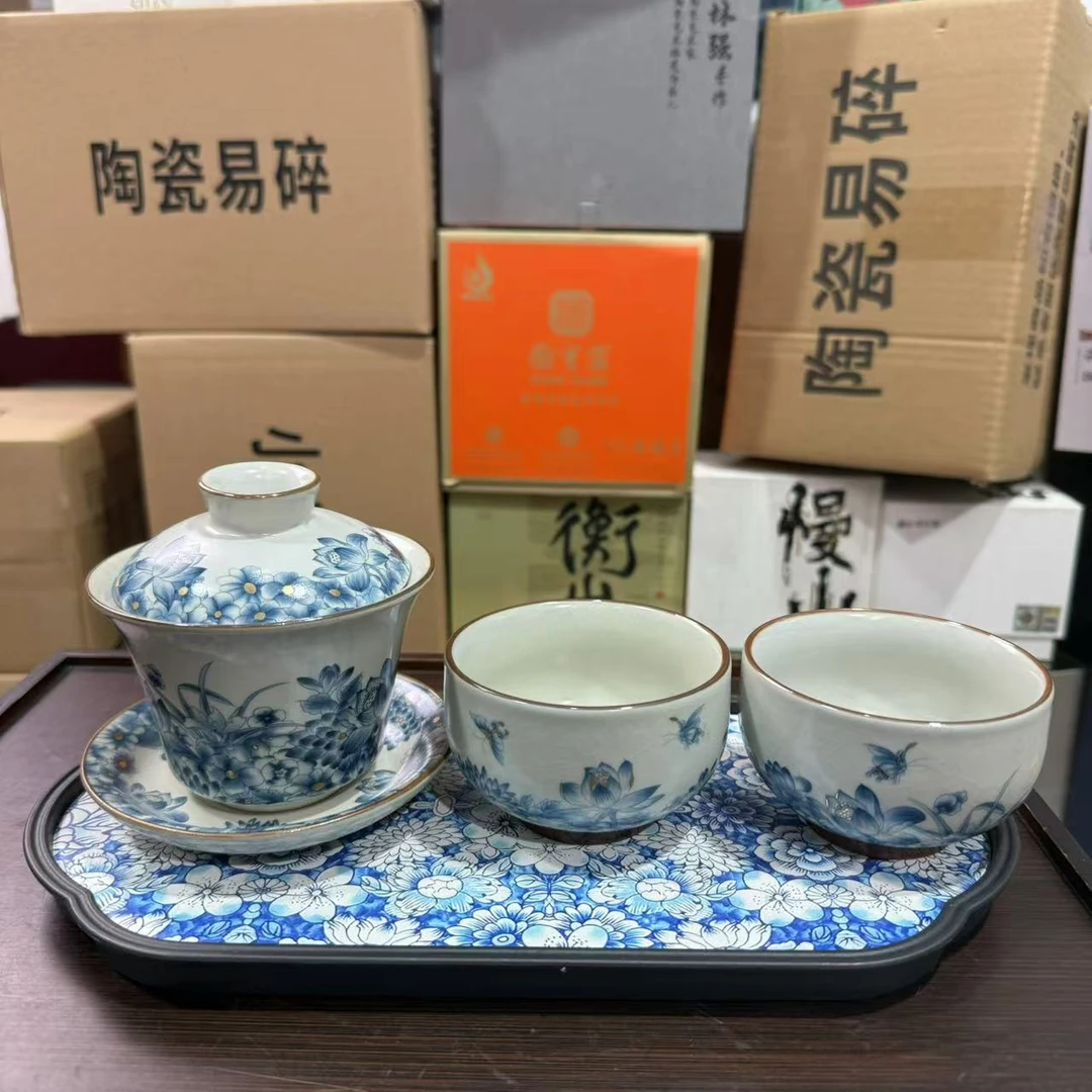 【闪购商品】 中国风虞美人素雅盖碗加两杯带茶盘QC017