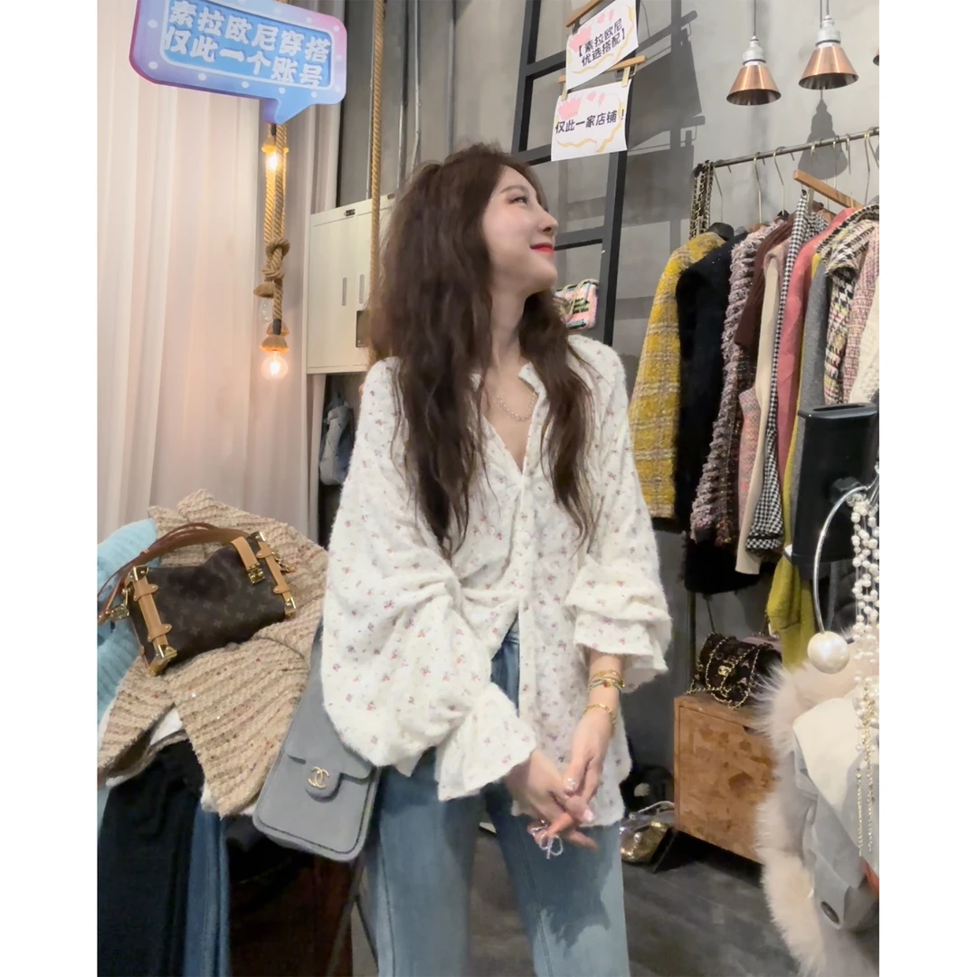 S41129867素拉那里定制款韩系慵懒毛毛碎花立体花朵针织衬衣衬衫