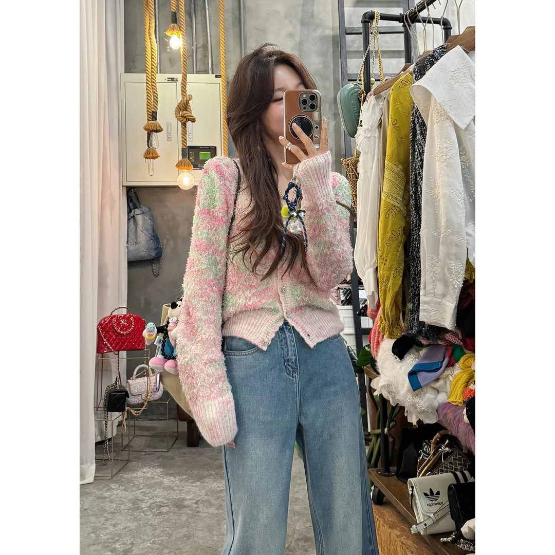 S4090601素拉那里 定制小香立体编织饰品扣彩线叠层V领毛衣开衫羊
