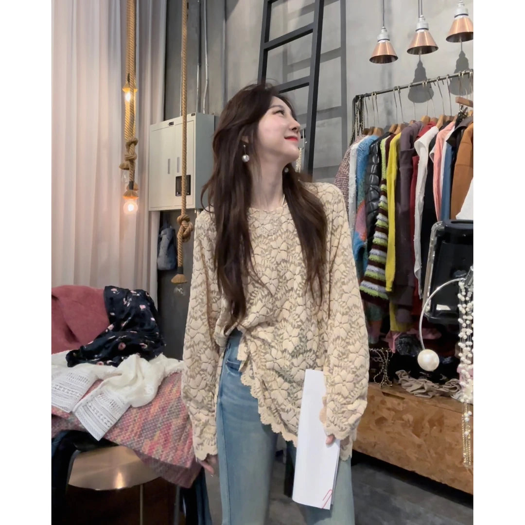 S4101801素拉那里定制款立体蕾丝设计感镂空微透花边圆领开叉衬衣