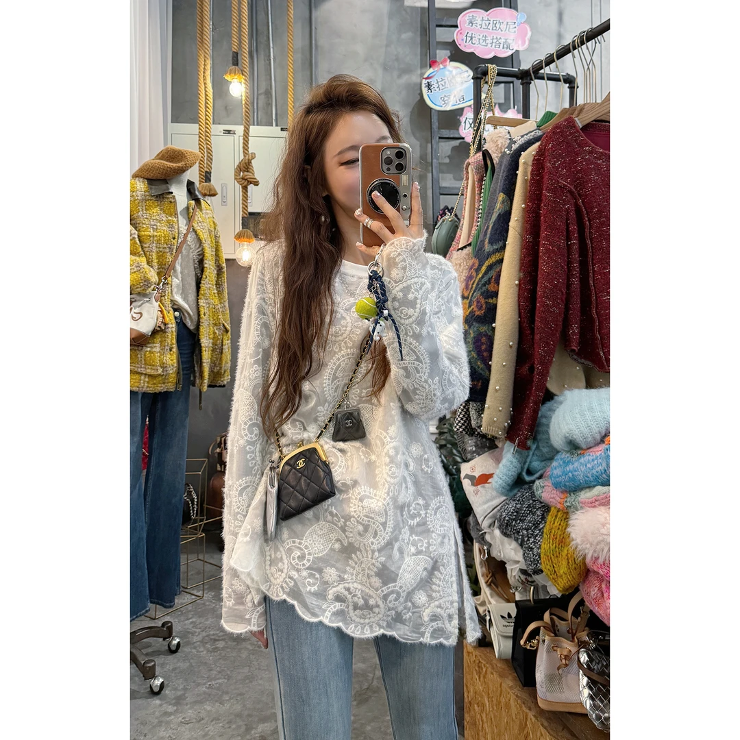 S41209871素拉那里 定制款法式重工提花刺绣蕾丝磨毛双层衬衣T莱