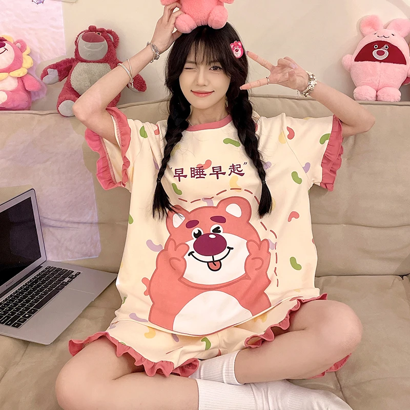 纯棉睡衣100%全棉夏季少女短袖薄款学生网红小熊小个子套头女睡衣
