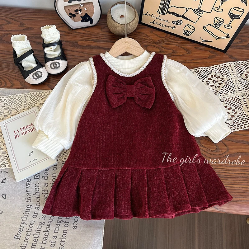 2025新年装女童连衣裙秋冬装加绒洋气儿童红色公主裙套装礼服冬季