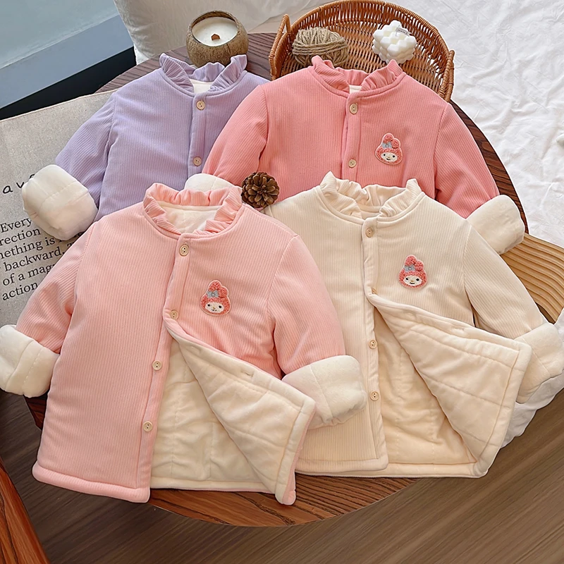 女童2024新款棉服加厚夹棉新款花边领女宝宝保暖棉衣长袖外套秋冬