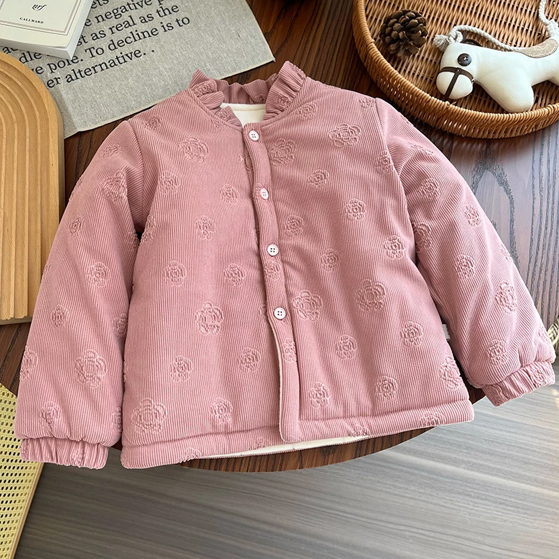 2024新款冬季三层夹棉加厚粉色印花开衫棉衣男童女童保暖宝宝冬装